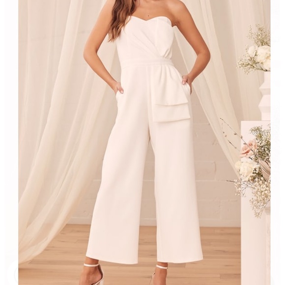 Lulus Pants - Lulus Won a Heart White Strapless Wide-Leg Jumpsuit